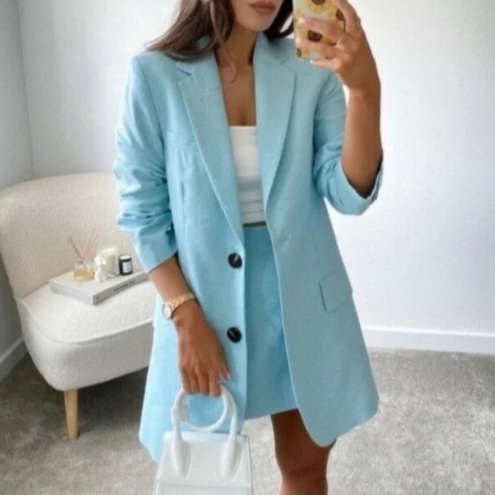 Zara Turquoise Blue Long Oversized Boyfriend Blazer bloggers favorite - Picture 2 of 15